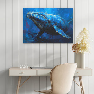 a painting of a humpback whale on a wall above a desk