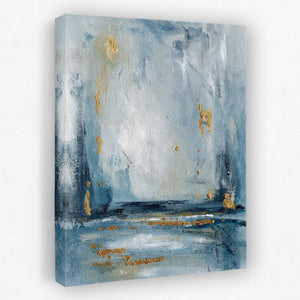 a painting on a white wall with blue and gold colors