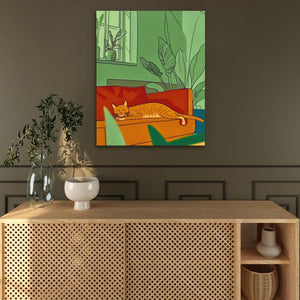 a painting of a cat laying on a couch