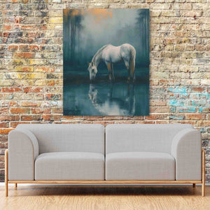 a painting of a white horse drinking water on a brick wall