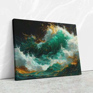 a painting of a green and yellow wave