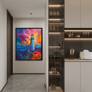 a painting of a lighthouse on a wall in a kitchen