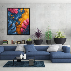 a living room with a blue couch and a painting on the wall