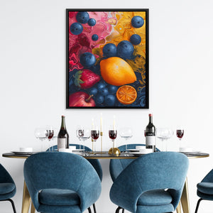 a dining room table with blue chairs and a painting on the wall