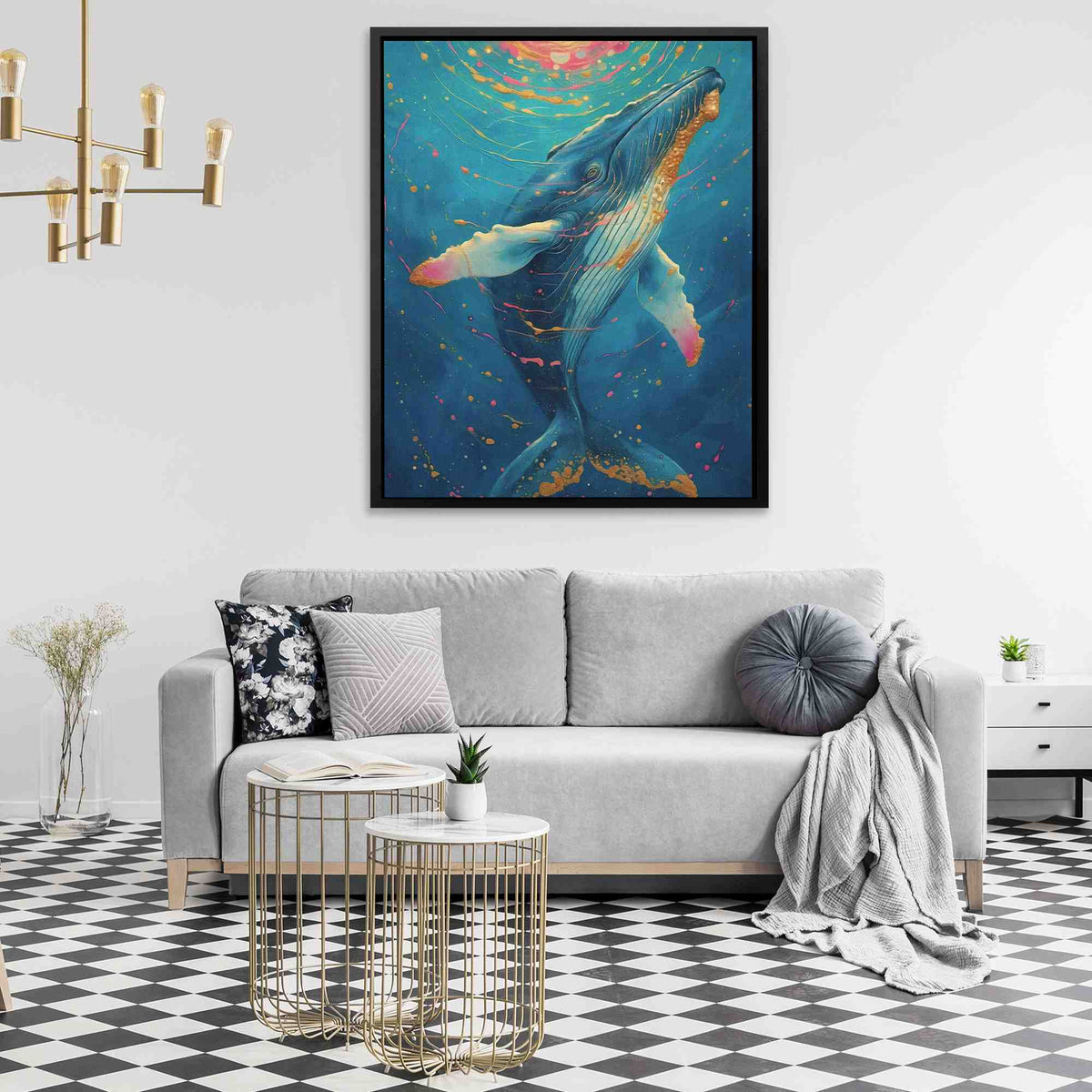 a living room with a couch and a painting on the wall