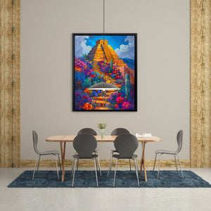 a painting hanging on a wall above a dining room table