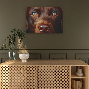 a painting of a brown dog with blue eyes