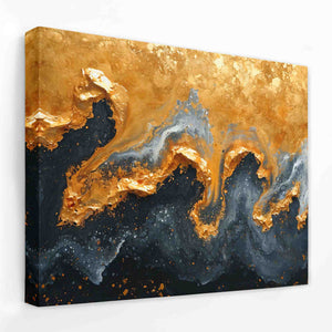 a gold and black painting on a white wall