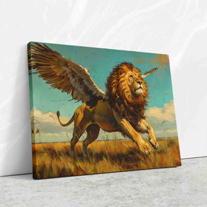a painting of a lion with wings on a wall