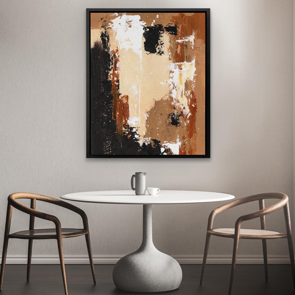 a brown and black painting on a white wall