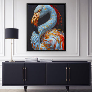 a painting of a flamingo in a living room