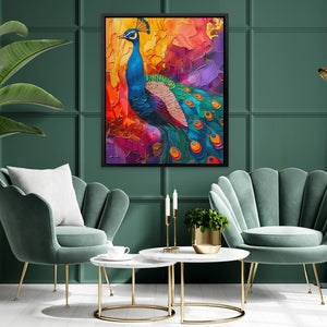 a living room with a peacock painting on the wall