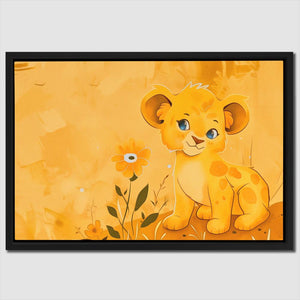 a painting of a lion cub sitting in a field of flowers