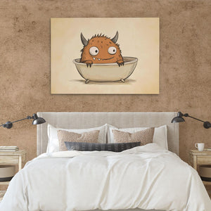 a painting of a monster in a bowl on a wall above a bed