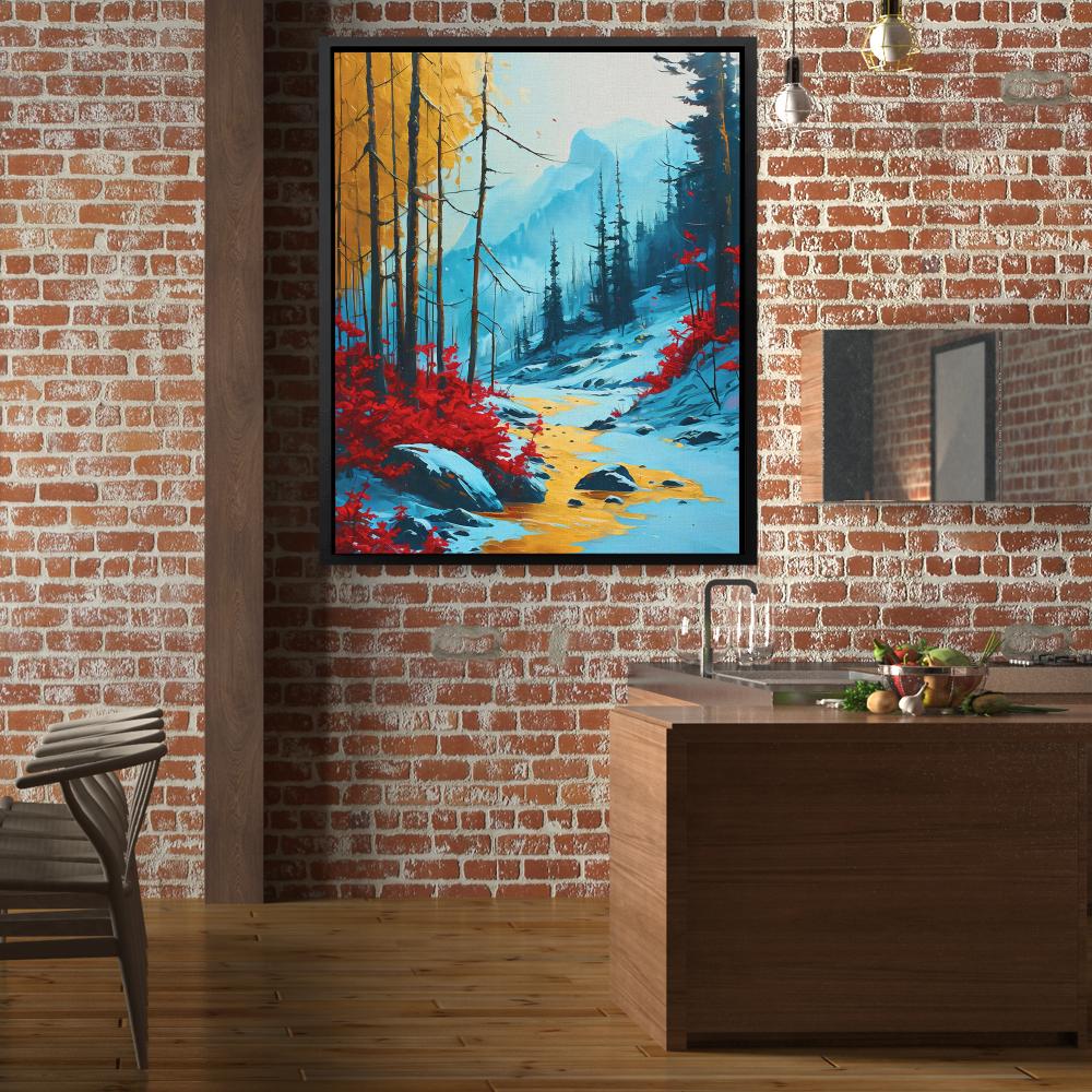 a painting hanging on a brick wall in a kitchen