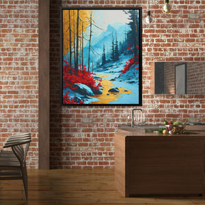 a painting hanging on a brick wall in a kitchen