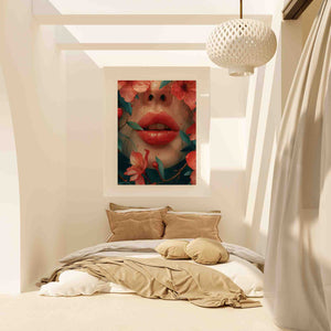 a picture of a woman's lips on a bed