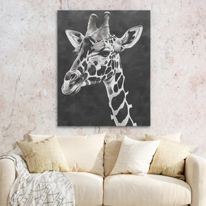 a giraffe's head is shown on a wall above a couch