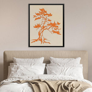 a picture of a tree on a wall above a bed