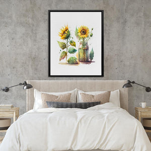 a bed with a white comforter and two sunflowers in a vase