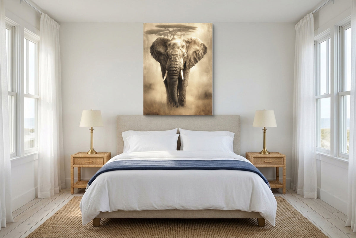 African Elephant Sepia — african elephant sepia bedroom with windows 1port flush print
