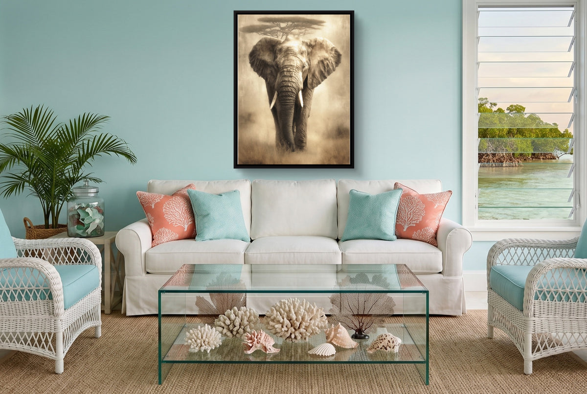 African Elephant Sepia — african elephant sepia living room with furniture 1port framed black