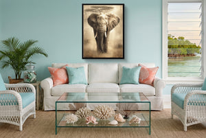 African Elephant Sepia — african elephant sepia living room with furniture 1port framed black