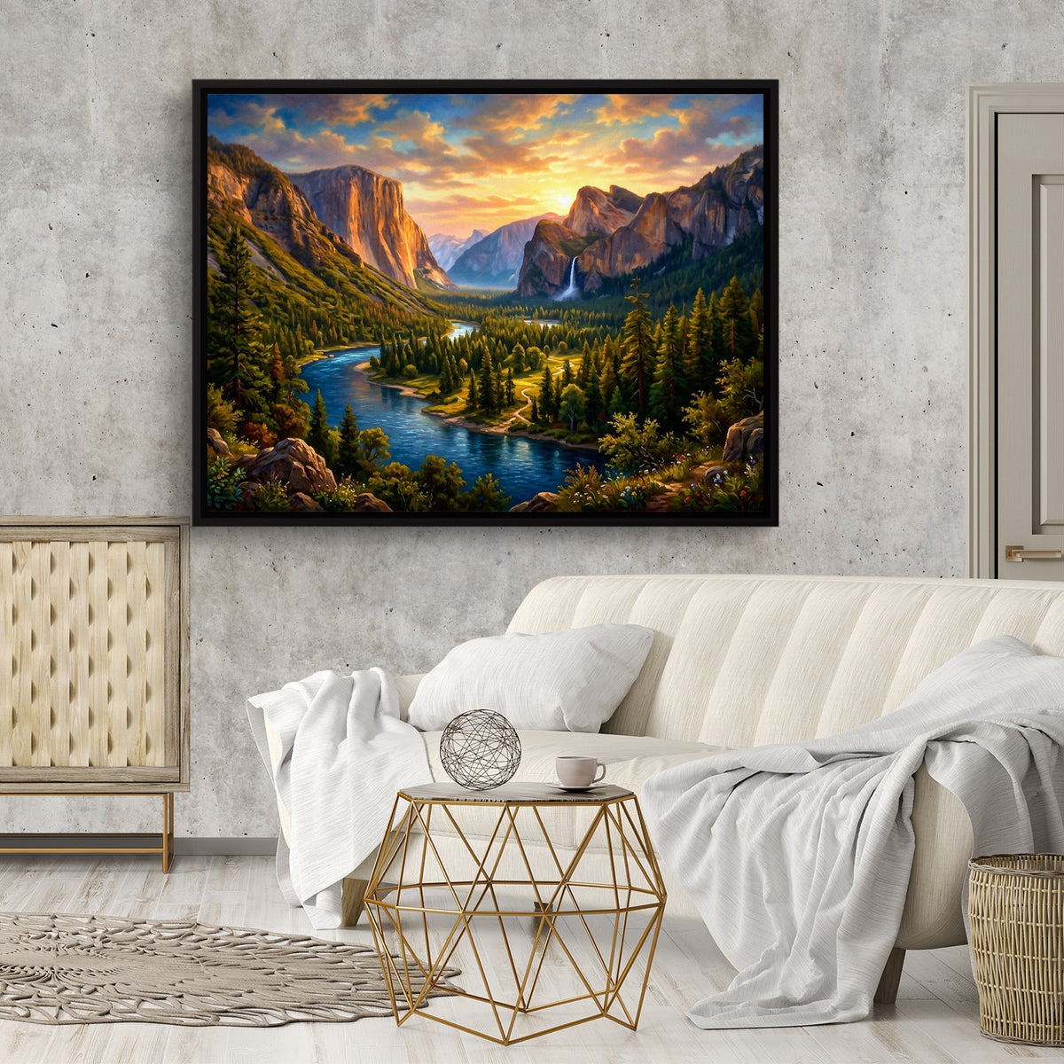 Alpine River Golden Hour — alpine river golden hour sq cement wall luxury room 1land framed black