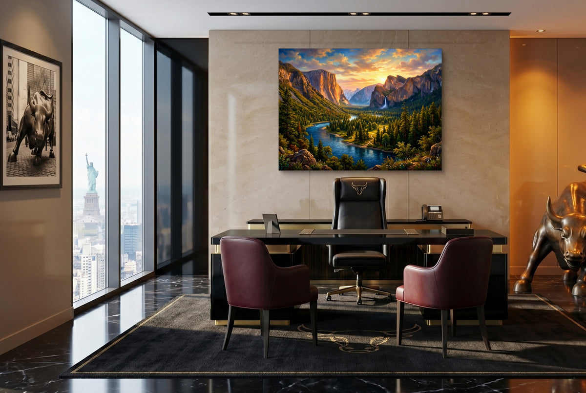 Alpine River Golden Hour — alpine river golden hour office with desk and chairs 2 1land flush print