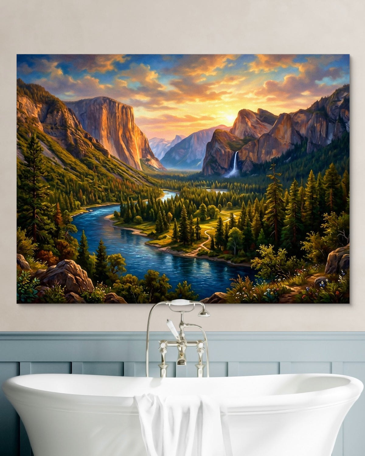 Alpine River Golden Hour — alpine river golden hour psd white wall green bath 1land flush print