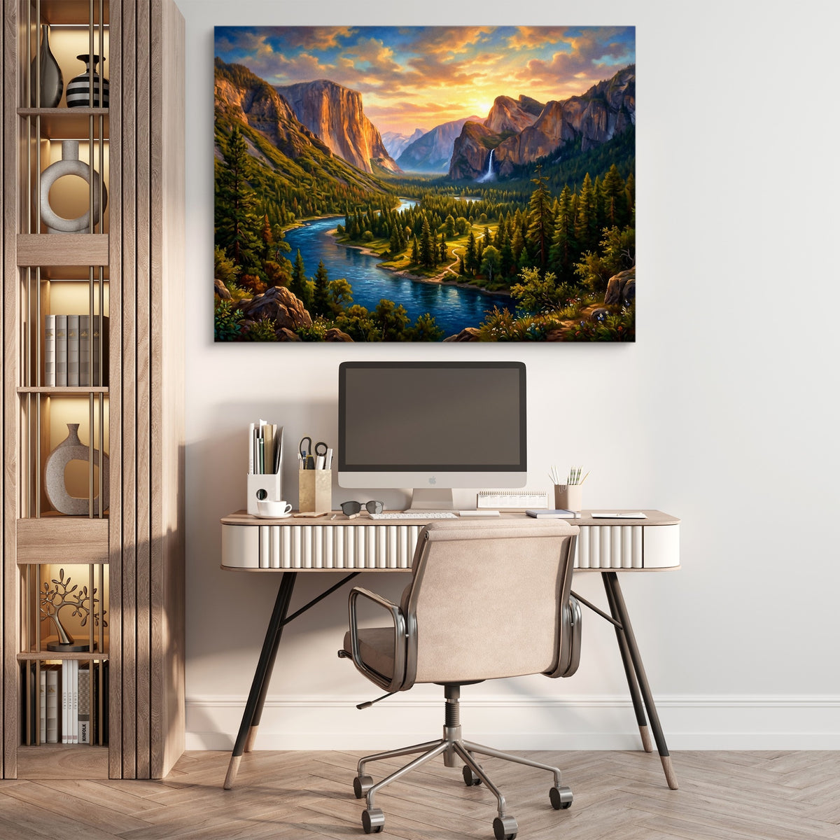 Alpine River Golden Hour — alpine river golden hour sq beige office 1land flush print