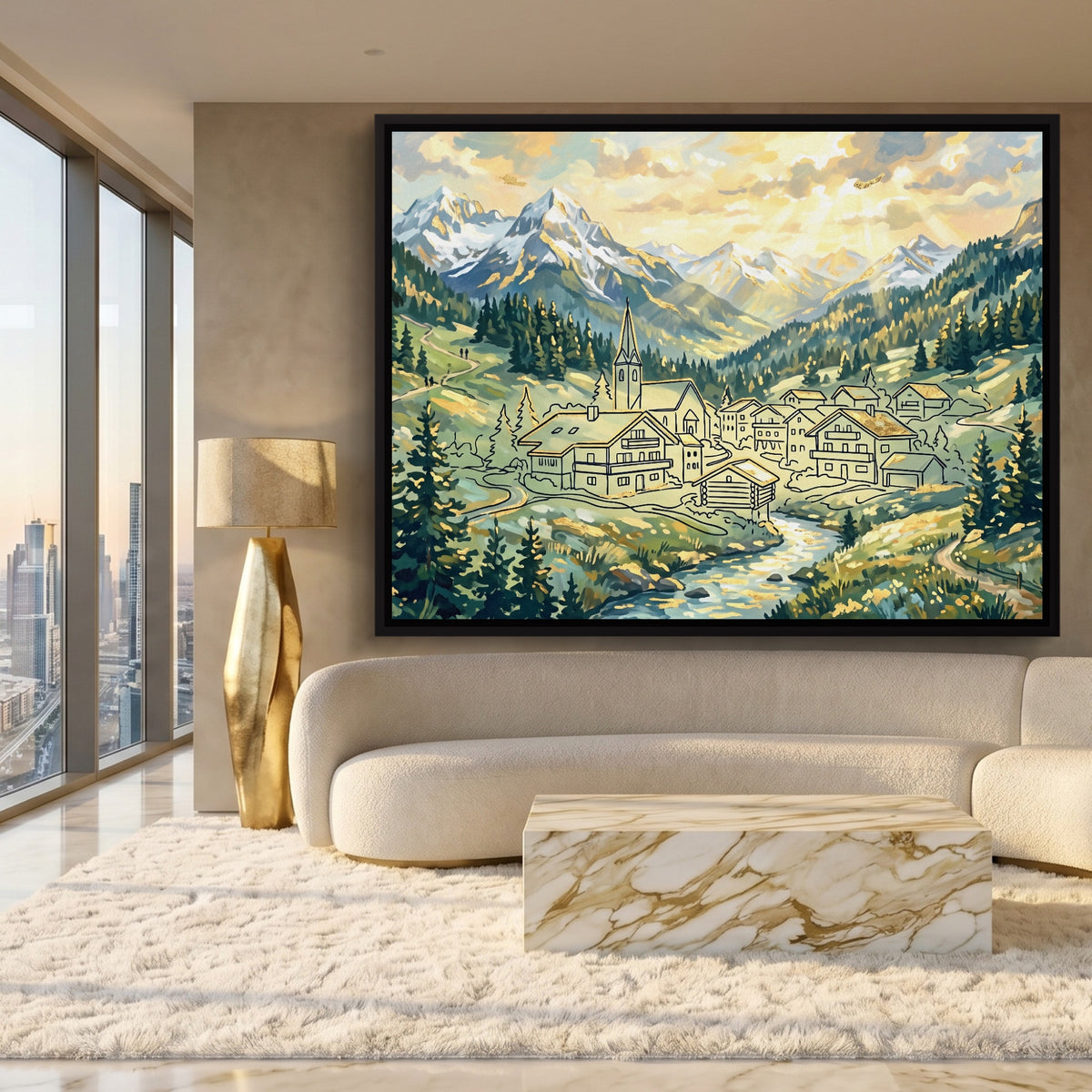 Alpine Village Sunrise — alpine village sunrise sq white gold lux 1land framed black