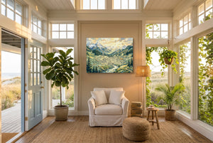 Alpine Village Sunrise — alpine village sunrise living room with plants 1land flush print