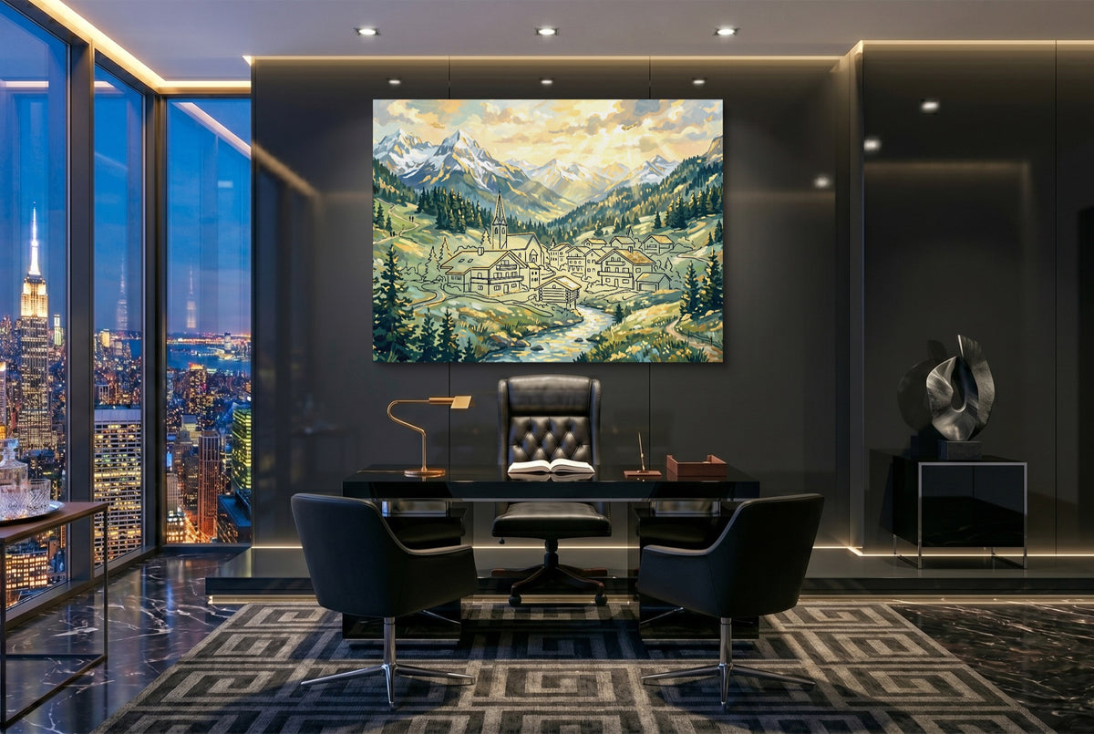 Alpine Village Sunrise — alpine village sunrise office with city view 3 1land flush print
