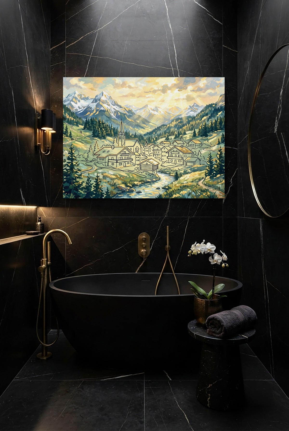 Alpine Village Sunrise — alpine village sunrise p small bathroom interior 1land flush print