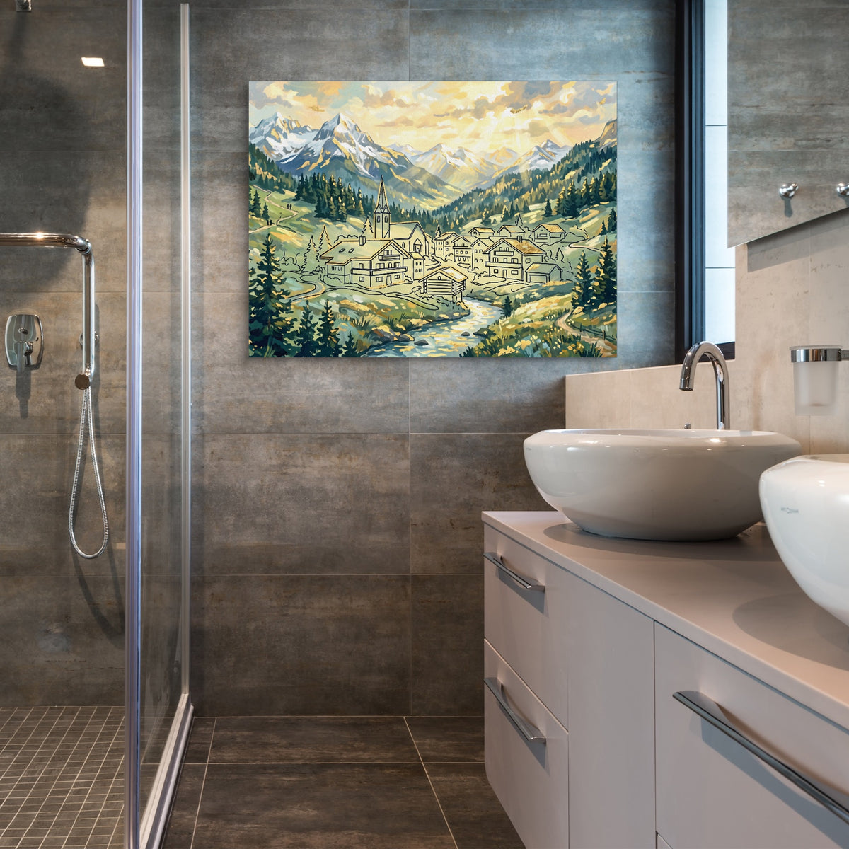 Alpine Village Sunrise — alpine village sunrise sq bathroom 1land flush print