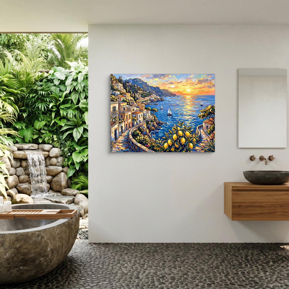 Amalfi Coast Sunset — amalfi coast sunset sq outdoor bathroom 1land flush print