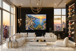 Amalfi Coast Sunset — amalfi coast sunset modern living room interior 2 1land framed black