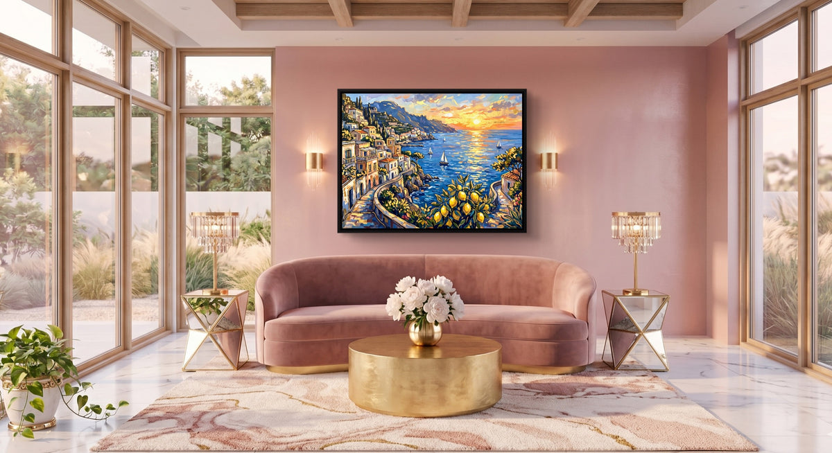 Amalfi Coast Sunset — amalfi coast sunset pink living room 1land framed black