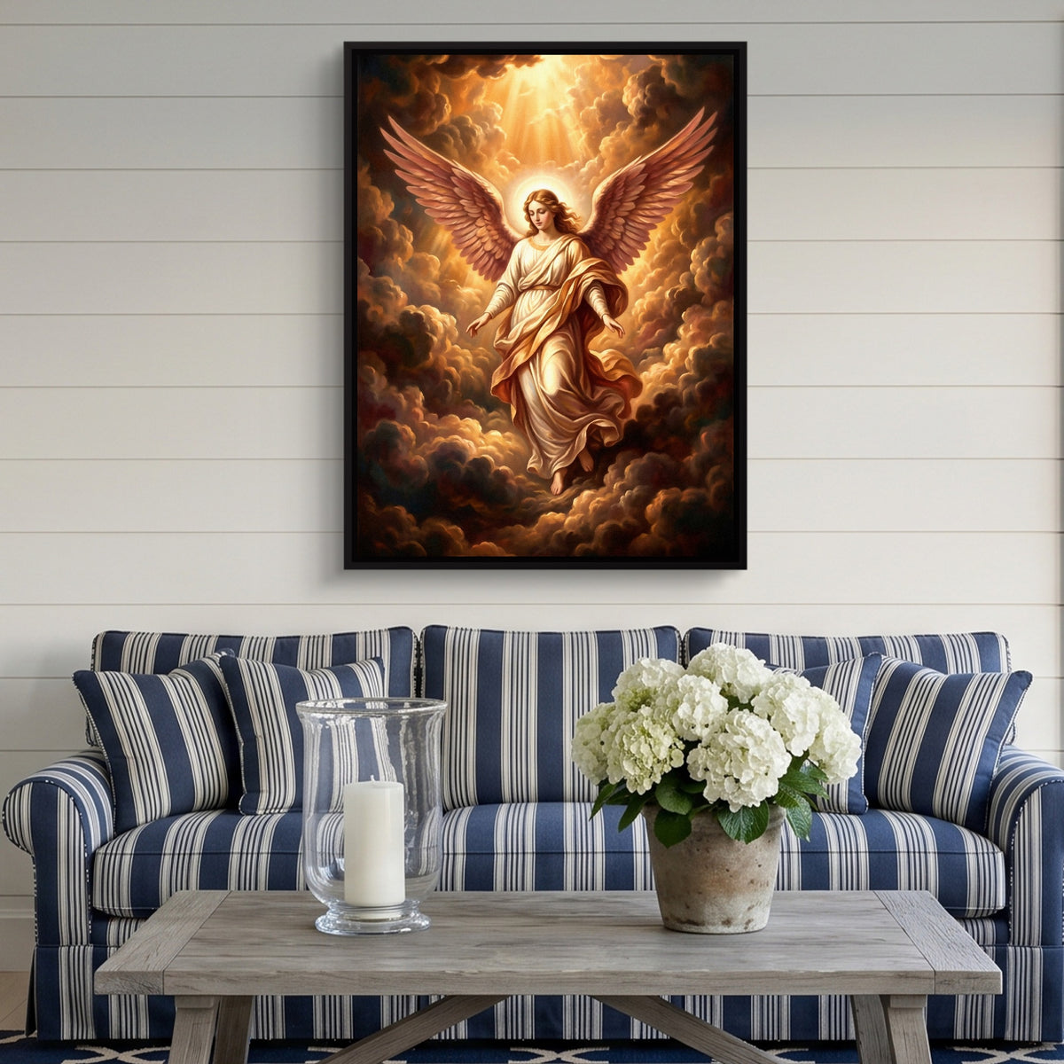 Angel Descending — angel descending sq striped couch 1port framed black