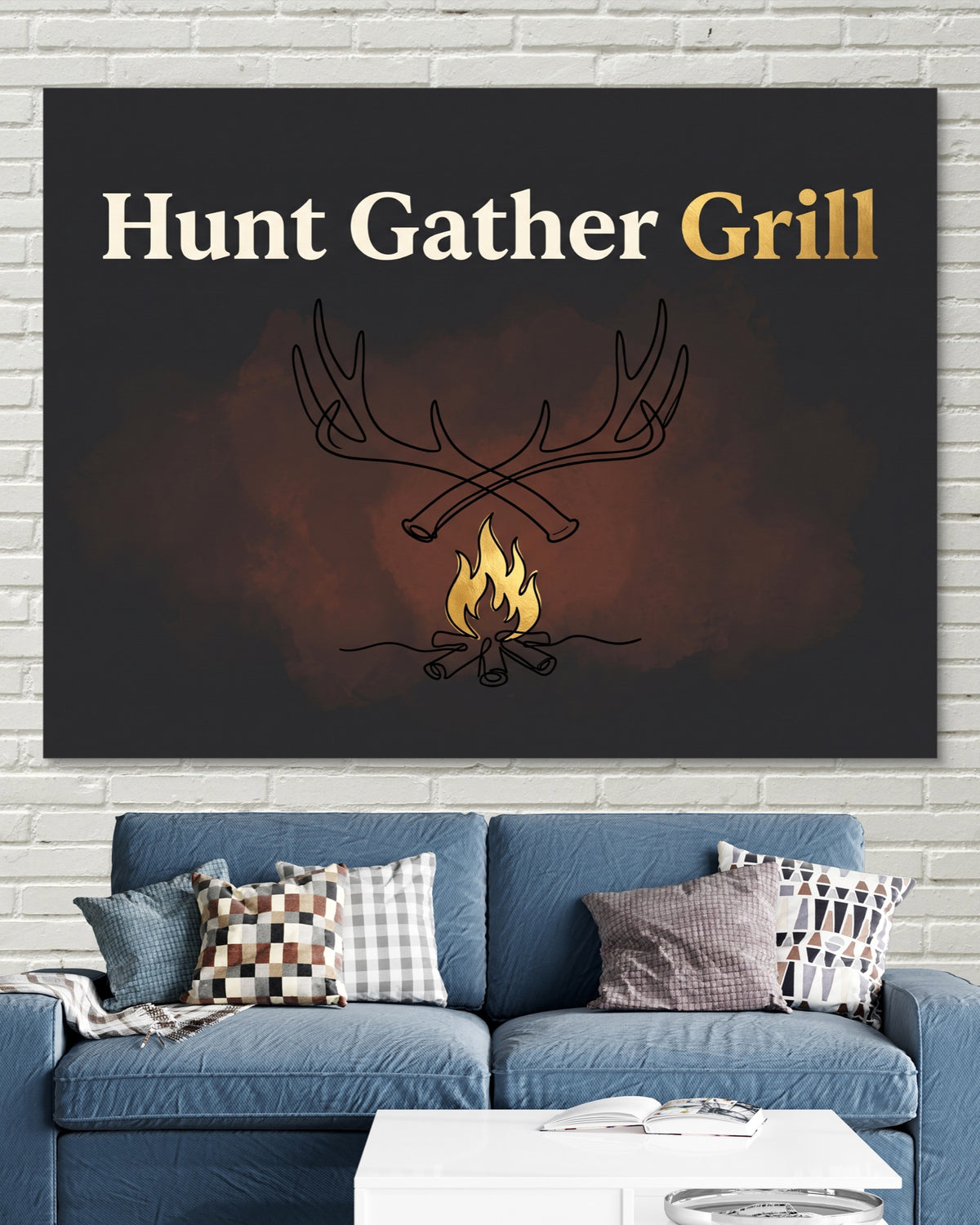 Antlers Campfire Glow — antlers campfire glow psd white bricks blue couch 1land flush print