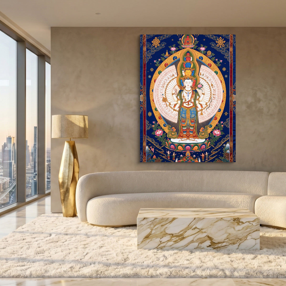 Avalokiteshvara Golden Radiance — avalokiteshvara golden radiance sq white gold lux 1port flush print