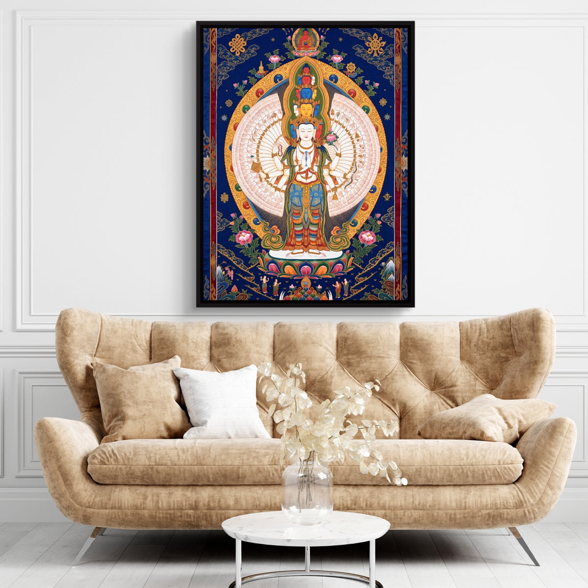 Avalokiteshvara Golden Radiance — avalokiteshvara golden radiance sq brown living room 1port framed black