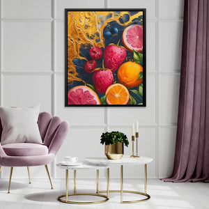 a living room with a painting of fruit on the wall