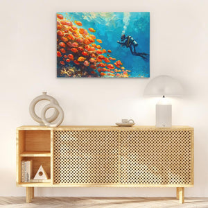 a painting of a scuba diver swimming over a coral reef