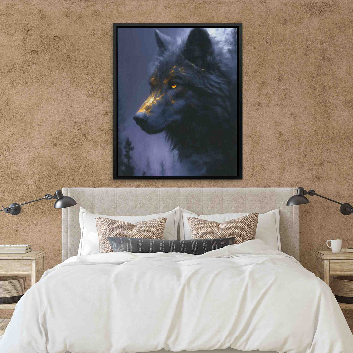 a picture of a wolf on a wall above a bed