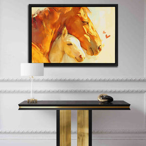 a painting of two horses on a wall above a table