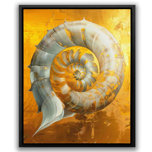 a painting of a yellow and white shell