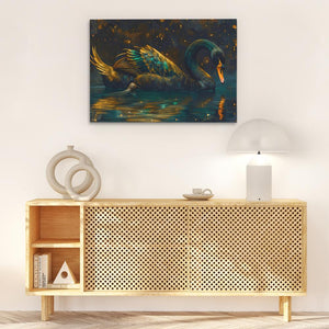 a painting of a swan on a white wall
