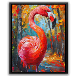 a painting of a pink flamingo in a forest